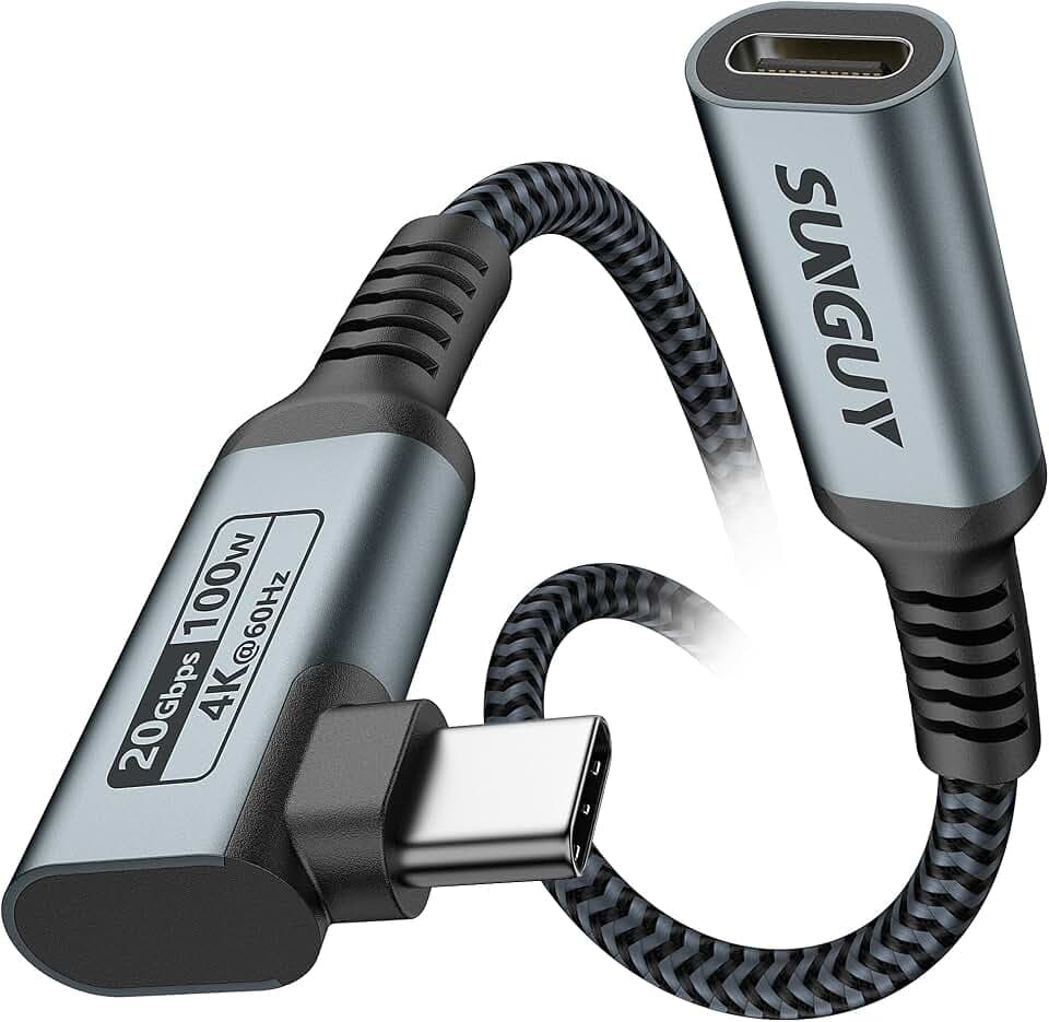 SUNGUY USB C Verlängerung 2m, 20Gbps 100W USB 3.2 USB C Kabel Verlängerung 90 Grad, 4K@60Hz Videoübertragung, Kompatibel mit iPhone 17 16 15 Pro Max, MacBook Pro XPS 15 Galaxy S24 S23