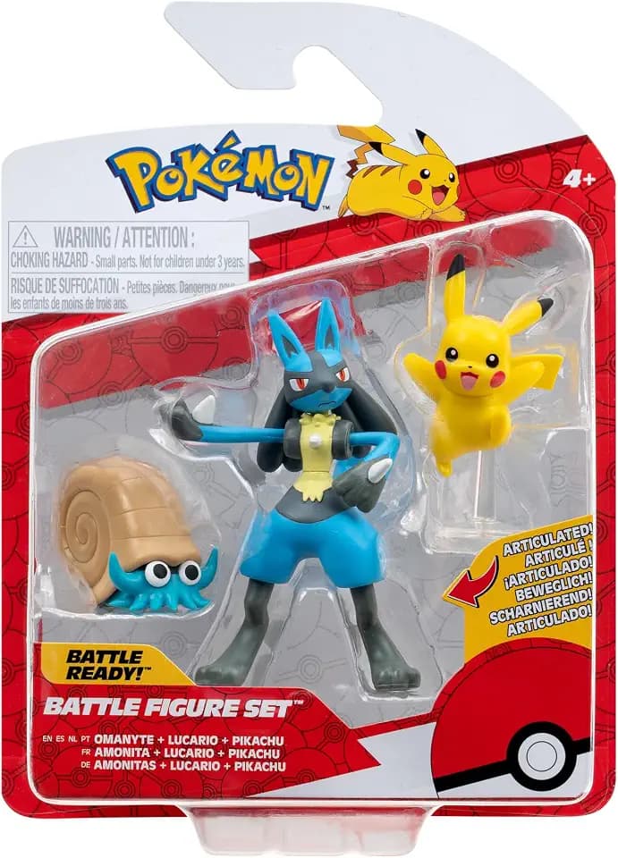 Pokémon PKW3054 - Battle Figure Set - Pikachu, Amonitas, Lucario, offizielles Figuren Set