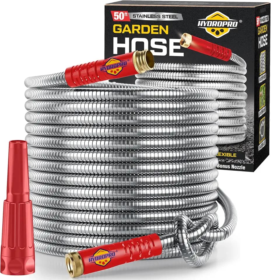 Stainless Steel Water Hose | Heavy Duty Metal Garden Hose with Nozzle | Kink Free, Anti Rust | Flexible and Lightweight Water Pipe for Gardening | Available in Different Sizes | HydroPro