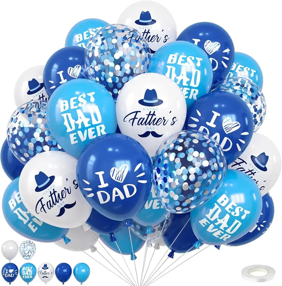 Navy Blue and White Father's Day Balloons,12 Inch Print I Love Dad Best Dad Ever Blue Balloon with Ribbon,for Birthday Fathers Day Party Decorations