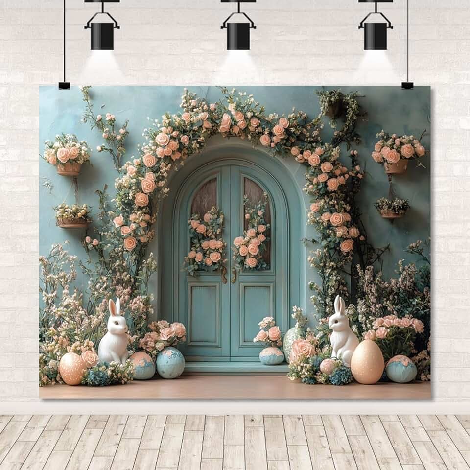 Spring Easter Backdrop for Photography Cyan Vintage Flower Wall Backdrop Eggs Rabbit Bunny Backdrops for Baby Shower Birthday Easter Party Decorations Banner