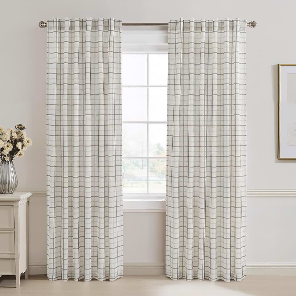 RYB HOME Plaid Linen Curtains Privacy Light Filtering for Living Room