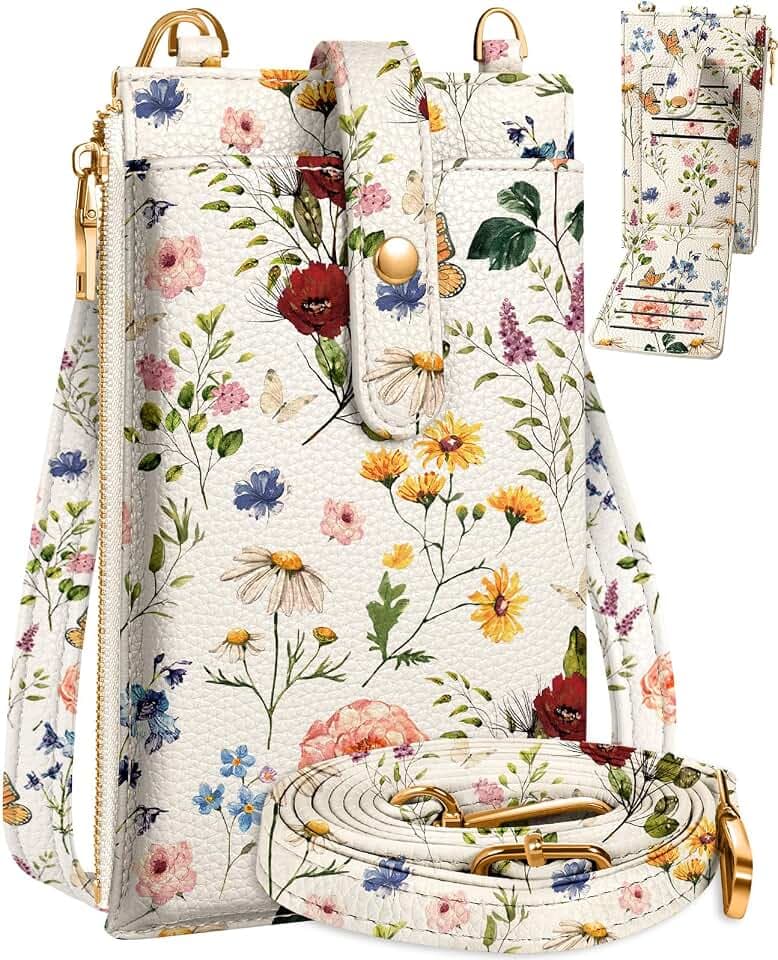 Miss Adola Handytasche Crossbody für Frauen – Leder Handytaschen Vintage Blume Damen Handy Geldbörse Tasche mit Schultergurt Niedlich Designer Ästhetik Handy Brieftasche