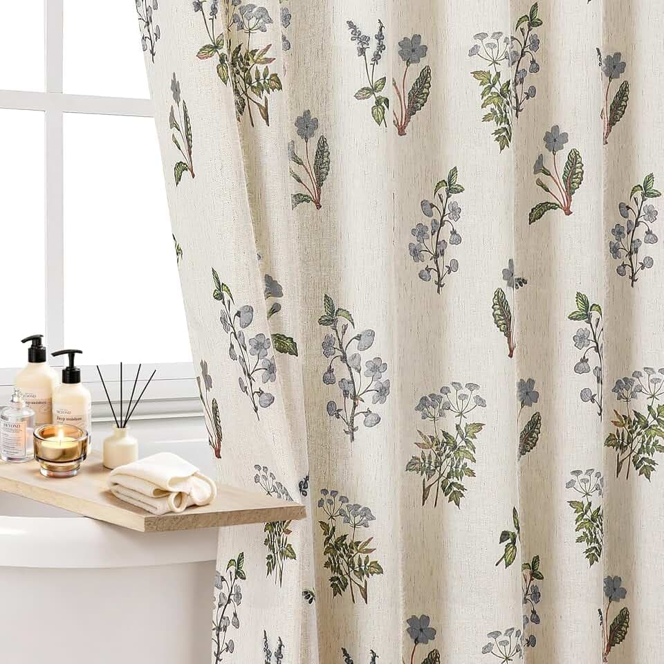 Colorful Star Farmhouse Grey Floral Linen Shower Curtain, 72" W x 72" L