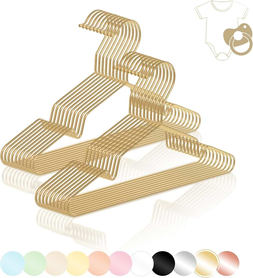ROW&LINE® – Kinder Kleiderbügel (30 cm) – 20 Stück (Gold) – platzsparende Babykleiderbügel – belastbar mit Schwerer Kleidung – Drahtkleiderbügel für Ordnung & einheitliche Optik im Kleiderschrank