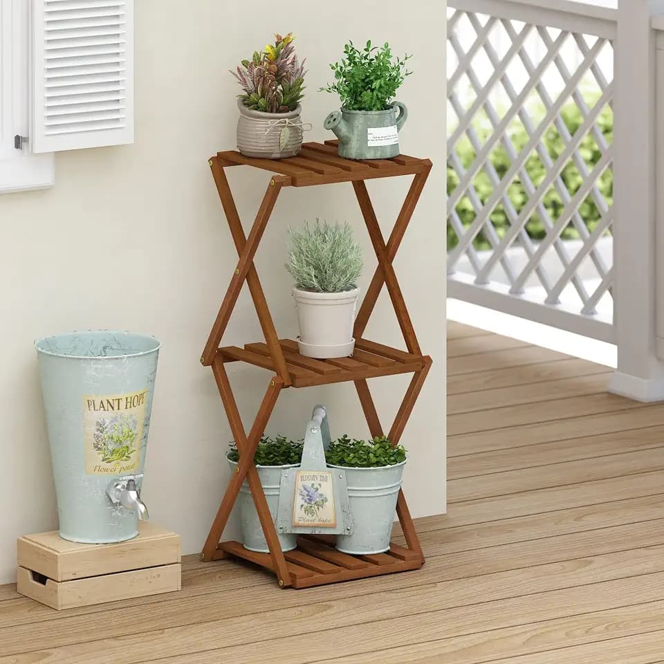 Furinno TIOMAN Patio Table, 3-Tier Outdoor Side Table, Toolless Multipurpose Folding Display Shelf, Plant Stand, for Patio, Garden, Porch, Light Wood