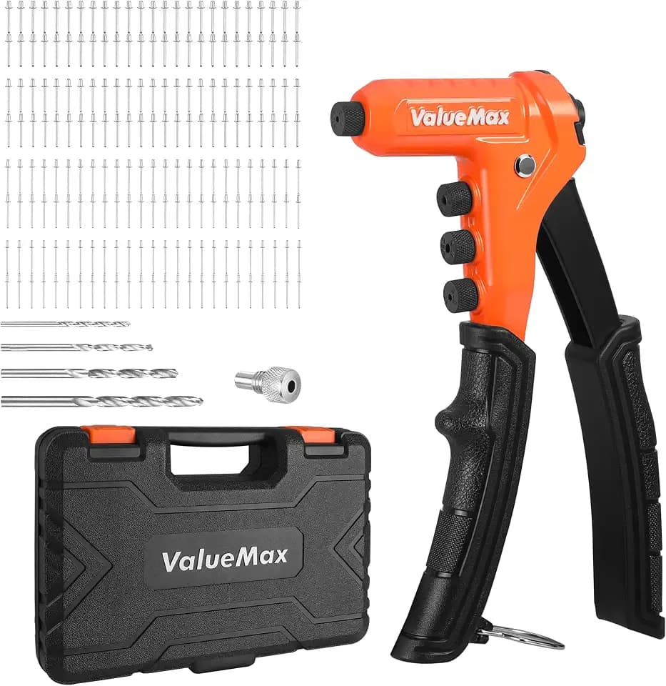 ValueMax 4-in-1 Rivet Gun, Heavy Duty Pop Rivet Gun Kit with 200 Rivets - 3/32", 1/8", 5/32", 3/16", 4 Interchangeable Nosepieces, Drill Bits, Rivet Tool for Metal, Plastic, Leather