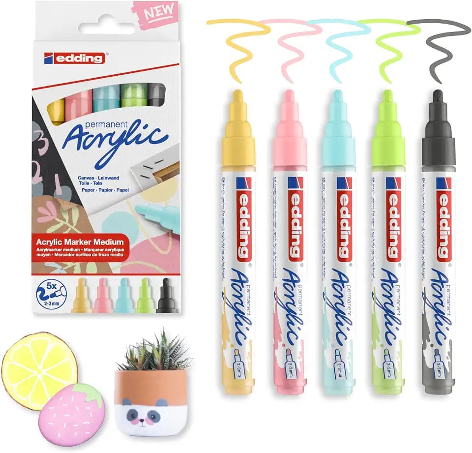 edding 5100 Acrylmarker - grau, gelb, blau, grün, rosa - 5 Acrylfarben Set (pastell) - Rundspitze 2-3 mm - Acryl Farben für Leinwand, Holz, Steine - Acrylstifte für Steine wasserfest