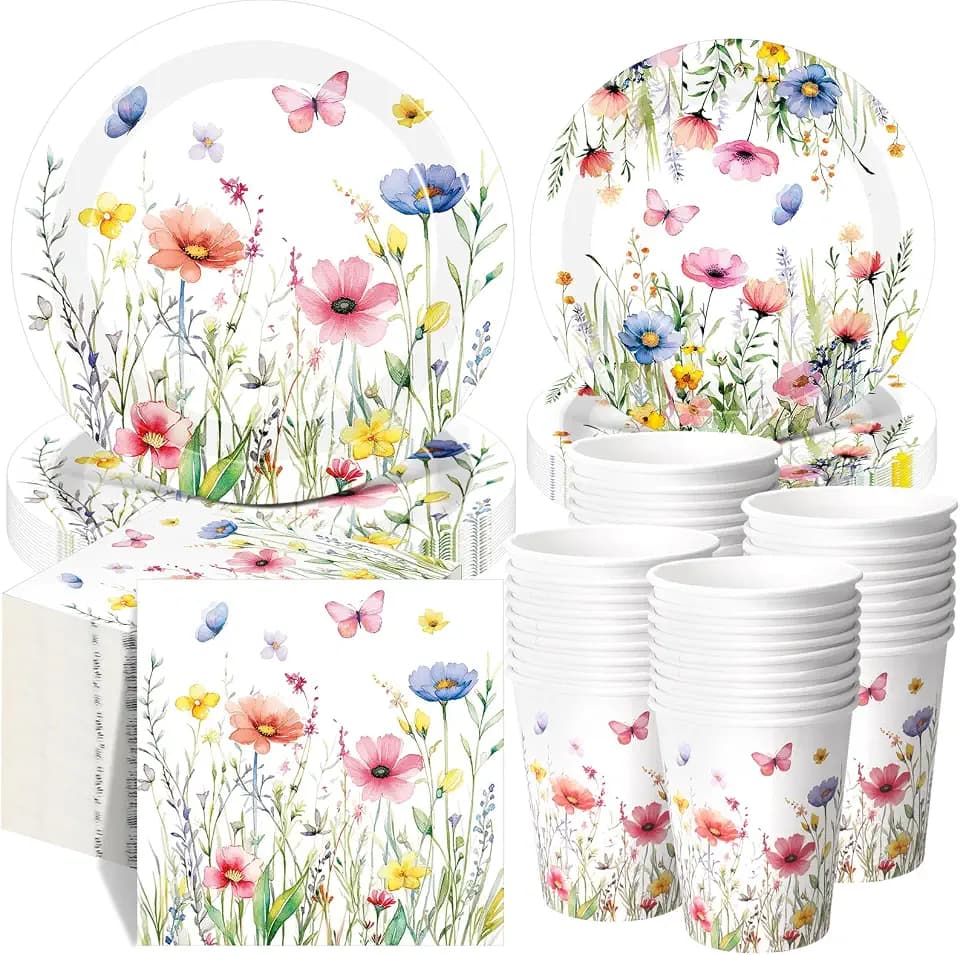 Wildflower Party Decorations, Paper Plates Napkins Cups Serve 50, Vivid