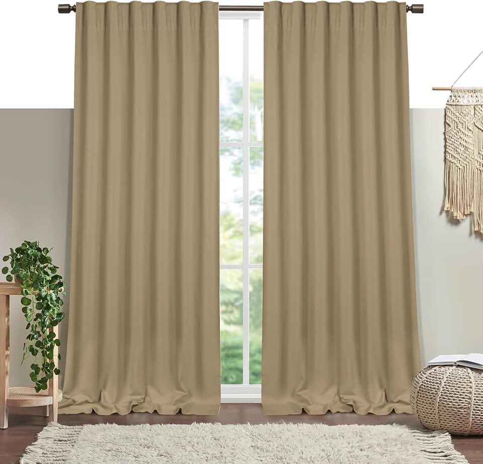 Beige Solid Panel Curtains, 96 Inches Long, Set of 2, 100% Cotton, Light Filtering for Privacy, Neutral Farmhouse Charm, Ideal for Bedroom, Living Room, 54" W x 96" L