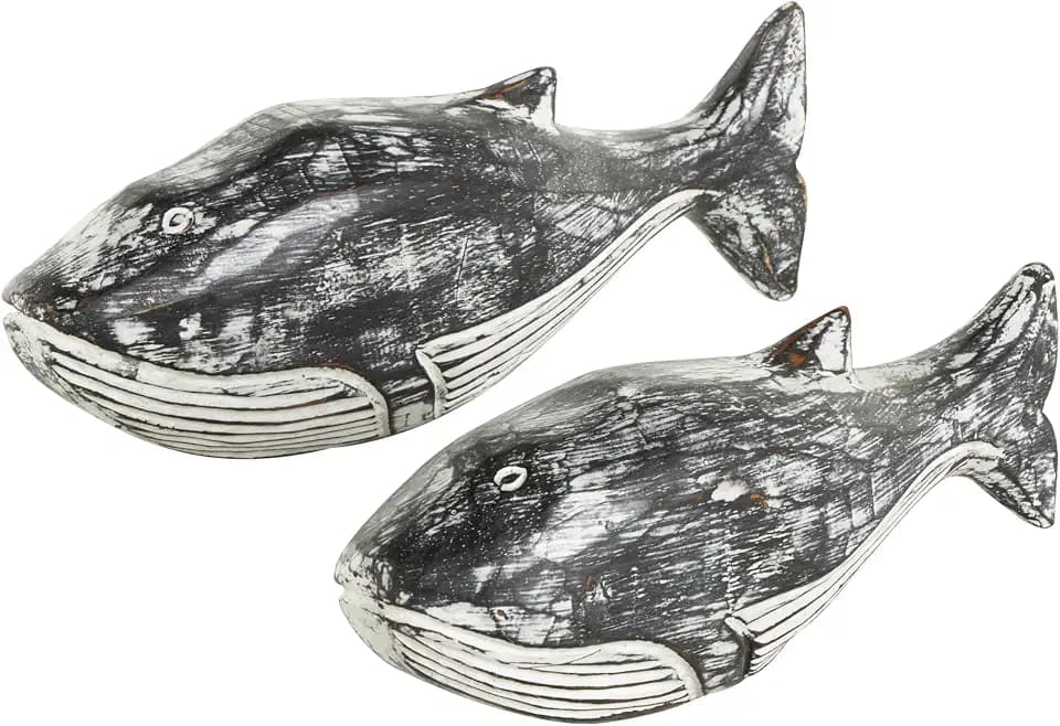 Deco 79 Wood Whale Decorative Sculpture Distressed Home Decor Statues, Set of 2 Accent Figurines 13", 11"W, Cream