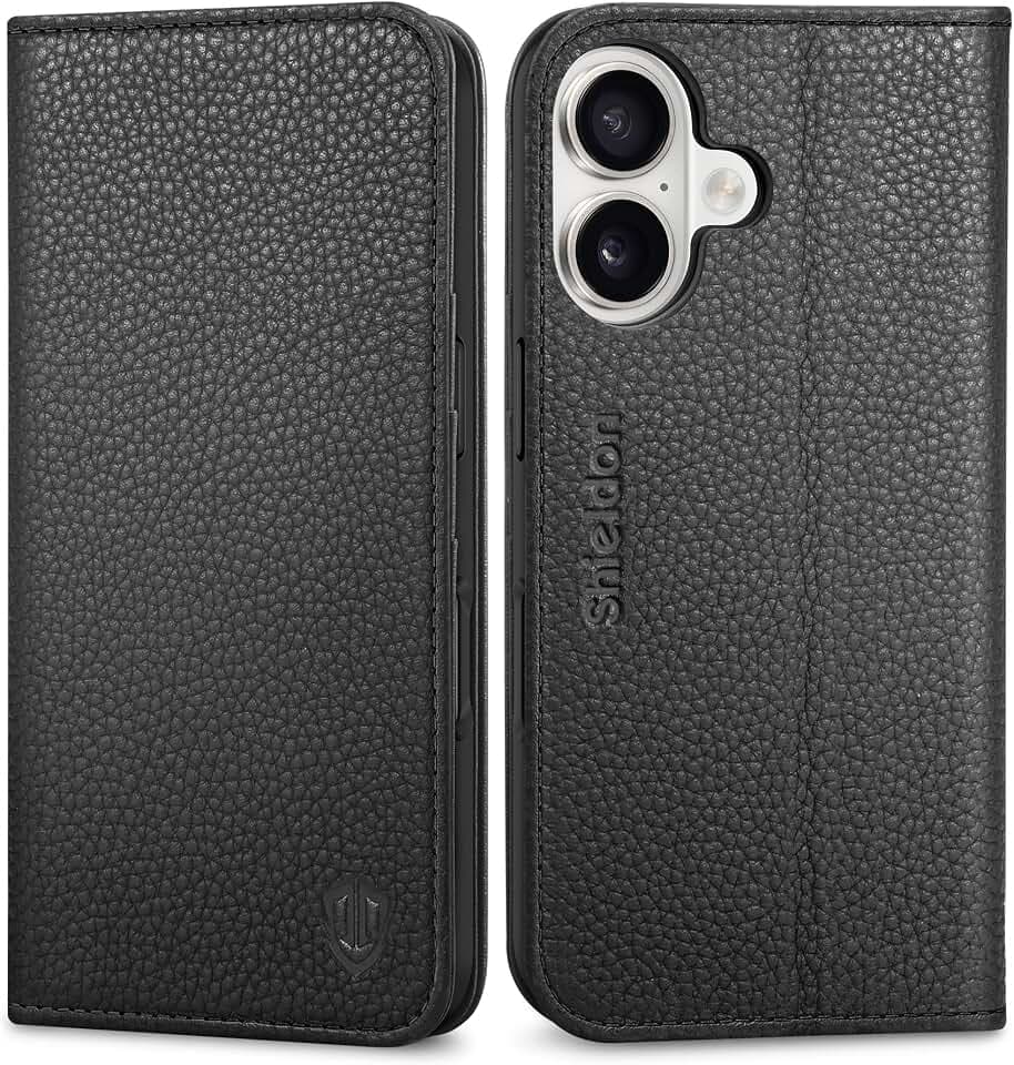 SHIELDON Genuine Leather Case Wallet for iPhone 16 6.1" 2024, Pebbled Black