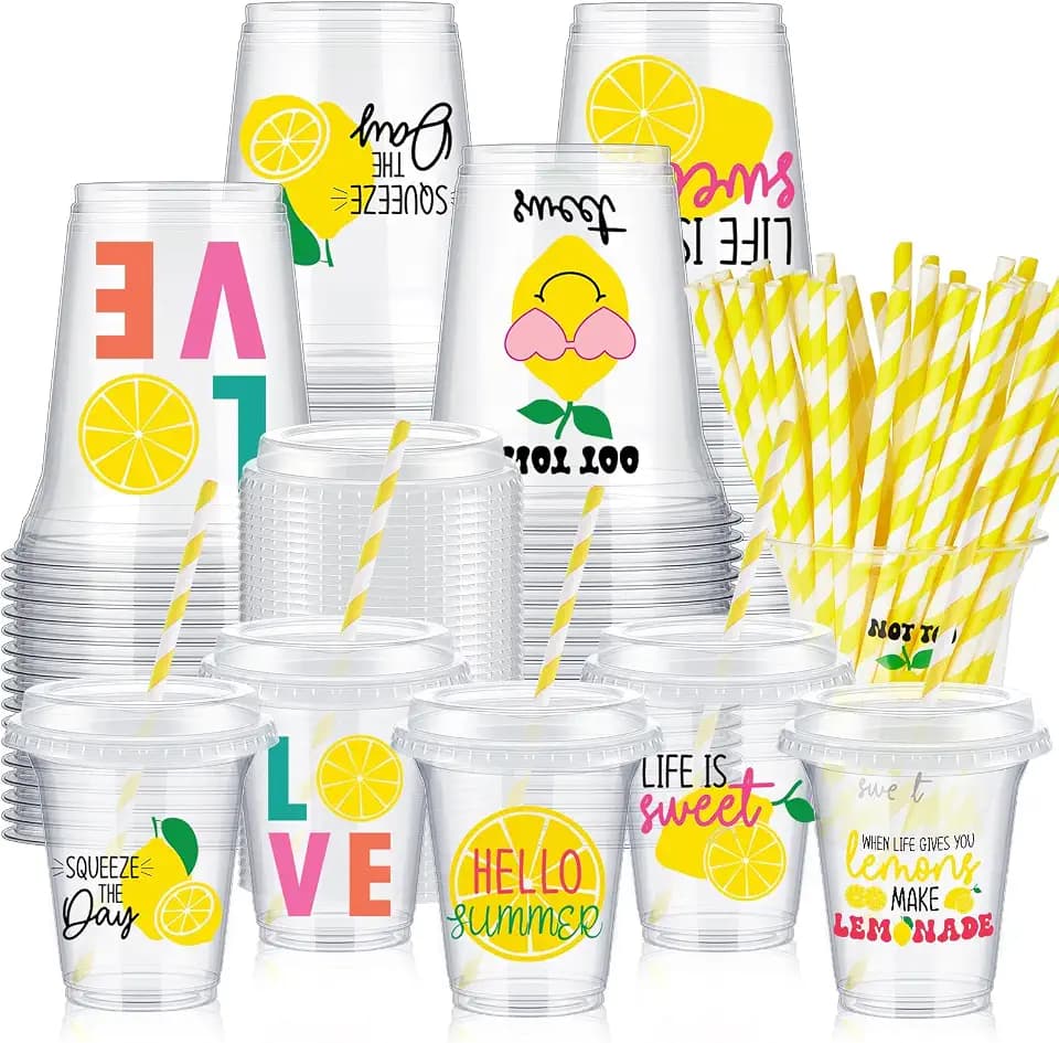 FoldTier 60 Set Lemon Party Cups, 14 oz with Lids and Straws