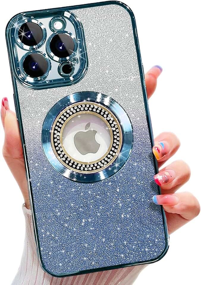 Misscase for iPhone 13 Pro Max Magnetic Case Compatible with MagSafe,Full Protection Slim Shockproof Anti-Scratch Glitter Case with Camera Lens Protector Logo View Dust-Proof Net for Women Blue