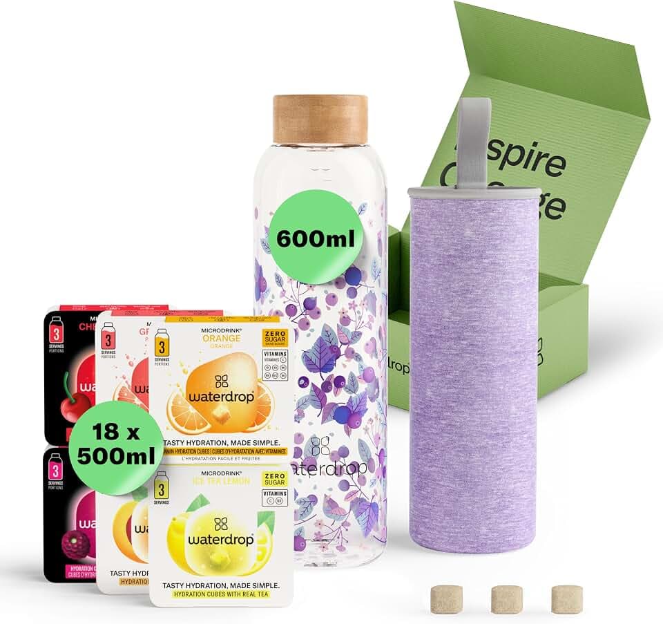 waterdrop® Flasche aus Glas 600ml inkl. 18 zuckerfreie Drops - Geschenk für Frauen - Probierpaket mit Wasserflasche, Flavor Drops & Vitaminen - auslaufsichere Trinkflasche & Kohlensäure geeignet
