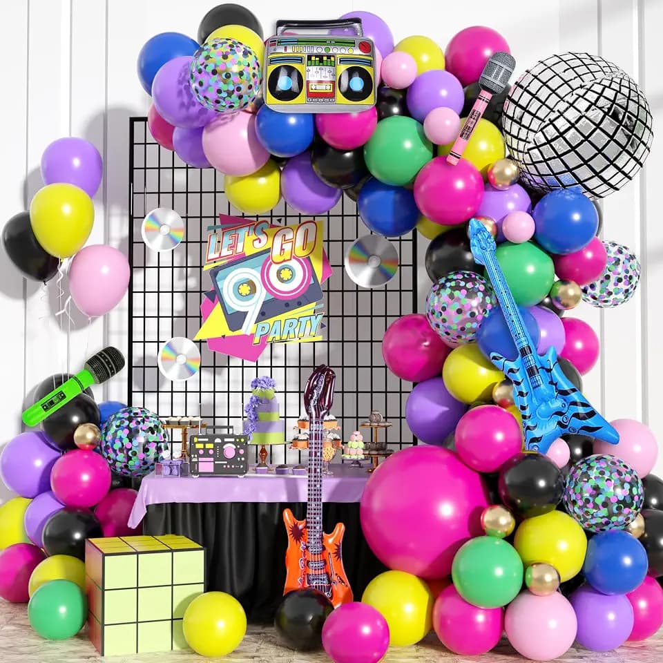 80er 90er Jahre Party Deko, Retro Disco Mottoparty Ballon Girlande Set mit Bunt Luftballons mit Disco Kugel Boombox Bassgitarre Mikrofon Folienballons für 80er 90er Hip Hop Geburtstag Dekoration