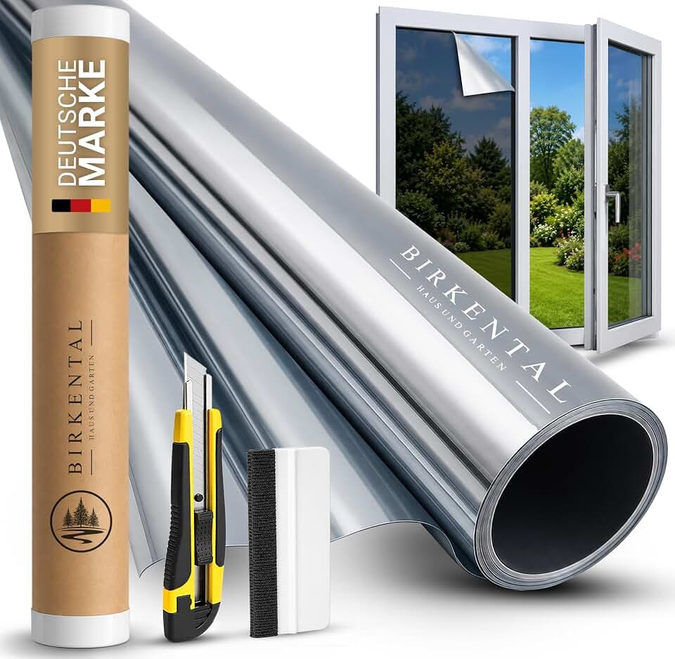 Birkental Sonnenschutzfolie Fenster innen oder außen - Sonnenschutzfolie - UV Schutz Spiegelfolie - Hitzefolie - Fensterfolie Blickdicht - Sichtschutz - Wärmeschutzfolie selbstklebend (90 x 300 cm)