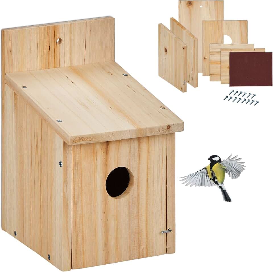Relaxdays Nistkasten Bausatz für Vögel, 35 mm Einflugloch, HBT: 23 x 14 x 18 cm, Vogelhaus zum selber Bauen, Holz, Natur