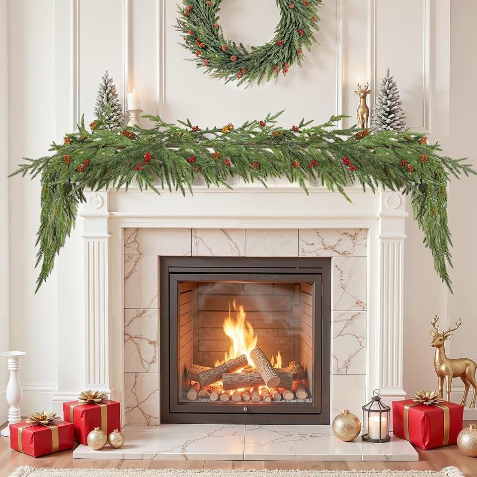 SHareconn 274cm Realistische Weihnachts-Nixon-Girlande mit Tannenzapfen und Roten Beeren, Künstliches PE-Gründekor für Kaminsims, Treppe, Tisch, Wand, Innen- und Außen-Weihnachtsdekorationen
