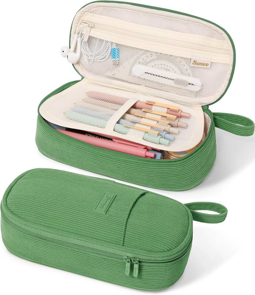 SUNEE Cute Pencil Case, Large Pencil Pouch, Soft Corduroy Fabric Big Pencil Bag with Zipper, Kawaii Pen Bag Stationery Storage and Organizer, School Supplies for Teen, Student, Boys, Girls, Soft Green