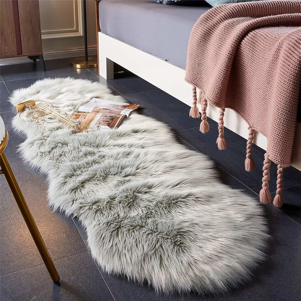 EasyJoy Ultra Soft Fluffy Shaggy Area Rug Faux Fur, Chair Cover, Fuzzy Seat Pad for Bedroom Floor Sofa Living Room (2 x 6 ft Sheepskin, Light Grey)