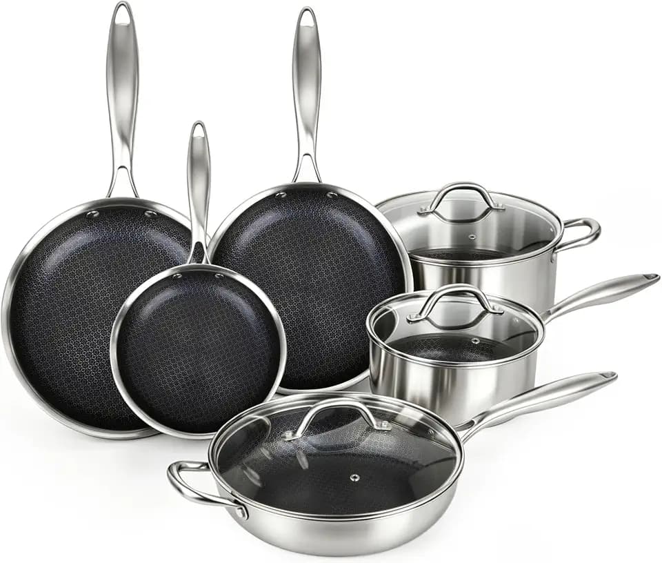 BRASA,9Pcs, Stainless Steel Pots and Pans Set Non stick Ceramic Stainless Steel Cookware Set, Non-toxic Kitchen Cooking Set, Compatible Gas,Induction Dishwasher safe (PFOS, PFOA Free) 9-pieces set