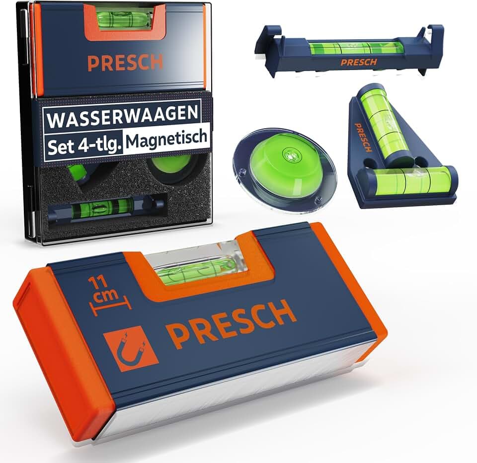 Presch Mini Wasserwaagen Set 4tlg. - Mini Wasserwaage, Kreuzwasserwaage, Dosenlibelle und Schnurwasserwaage - Allround-Set - Verstärkter Magnet für maximale Haftung - Bruchfeste Acrylglaslibellen