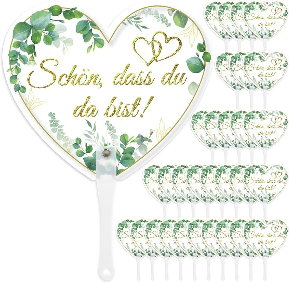 HOWAF 30 STK Fächer Hochzeit, Weiß Herzform Hochzeit Handfächer Klein Schön DASS Du Da Bist Hochzeitsfächer im Eukalyptus Design für Gastgeschenke Hochzeit Gäste Sommer Hochzeitsdeko Geburtstag Party