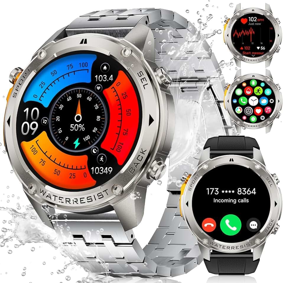 LIGE GPS Smartwatch Herren,1,43" HD AMOLED Smartwatch mit Telefonfunktion,Fitnessuhr,Silberne Militär Uhr mit 170+ Sportmodi,Herz-/Schlaftracking/Kompass,5ATM Wasserdicht Sportuhr für iOS/Android