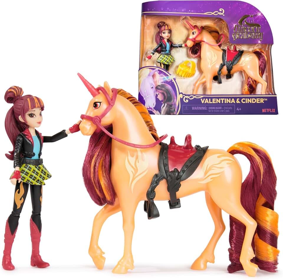 Unicorn Academy Valentina und Einhorn Cinder Set - ca. 12 cm große Originalfiguren zur beliebten Netflix Serie mit zwei Accessoires und Haarbürste für kreatives Rollenspiel, für Kinder ab 4 Jahren