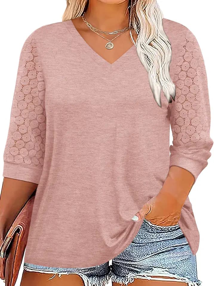 Chulianyouhuo Plus Size Tops for Women 3/4 Lace Sleeve V Neck Tee Shirt
