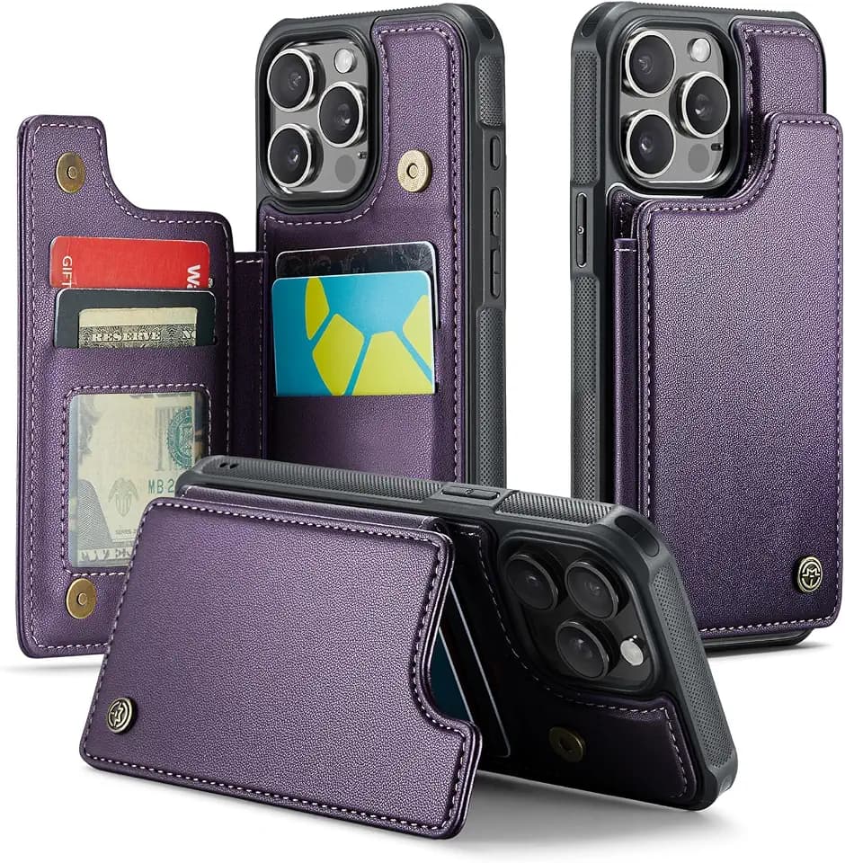 Compatible with iPhone 13 Pro Wallet Case with Card Holder RFID Blocking for Women Men, Double Magnetic Clasp Kickstand Shockproof Phone Case Fit for iPhone 13 Pro, Purple