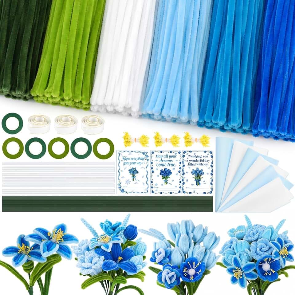 Anyeve Pipe Cleaners Flower Kit, 1800 PCS Pipe Cleaners Craft for 6 Color, Easy to Bend and Fold, with a High Plush Density, Has Hot Melt Glue,Sturdy and Durable, for DIY Crafts and Bouquet Making