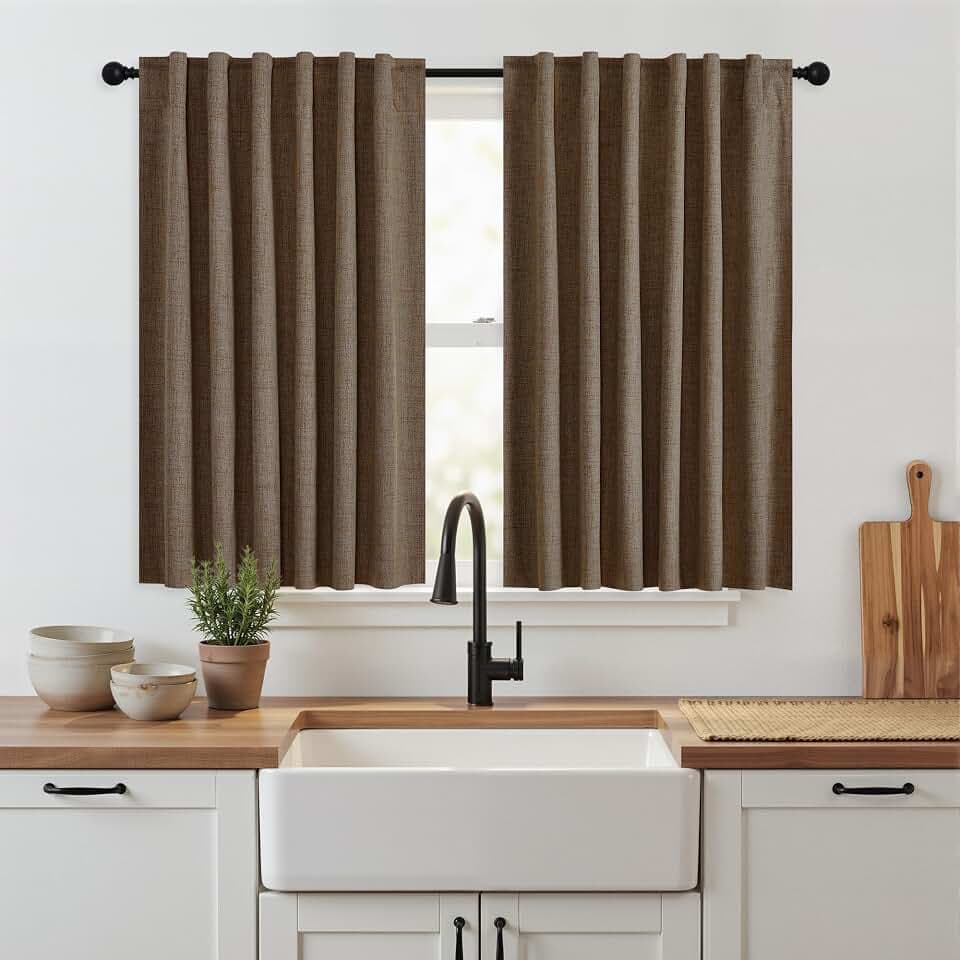 RYB HOME Brown 100% Blackout Short Curtains 45 Inches Long for Cafe