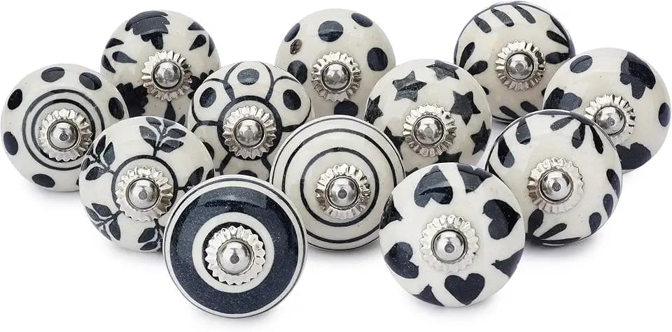 Ajuny Ceramic Knobs Set 12 Black White Hand Painted Drawer Pulls 1.5 Inch