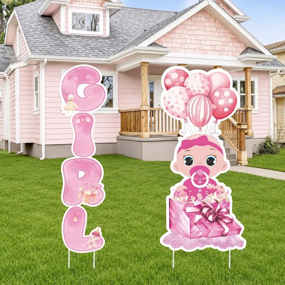 2 Sets Baby Shower Plastic Yard Sign with Stakes, Pink Girl Gender Reveal Outdoor Decorations, It's a Girl Welcome Lawn Sign for Newborn Party Supplies Backdrop Props