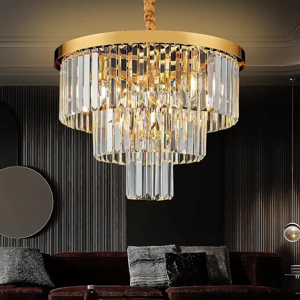 Gold Crystal Chandelier 20" Modern Chandelier 3 Tiers 6 Lights Pendant Lighting Crystal Ceiling Light Round Chandelier for Dining Room Kitchen Island Living Room Entryway Bedroom Office