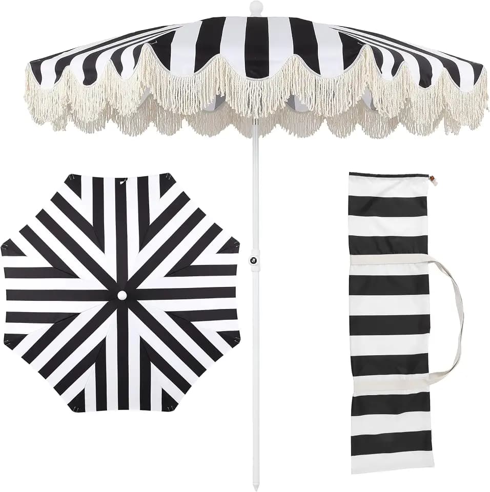JONATHAN Y Mariner 6.5 ft. Striped Fringe Beach Umbrella, Black/White