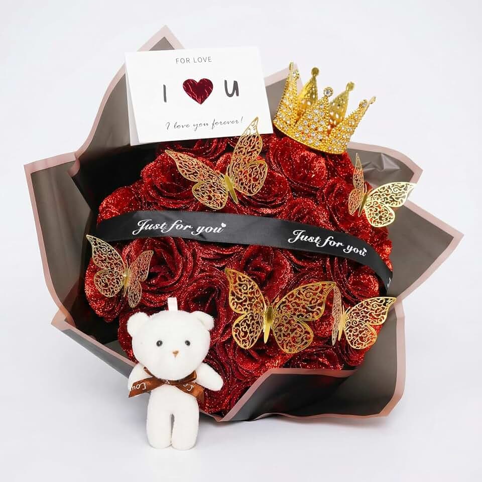 Artificial Glitter Roses Bouquet- Self-Assembly Silk Fake Flowers Bouquet DIY Glitter Eternal Bouquet Fake Shiny Floral Bouquetfor Home Decor, Wedding Centerpieces, Valentine's Day Gifts