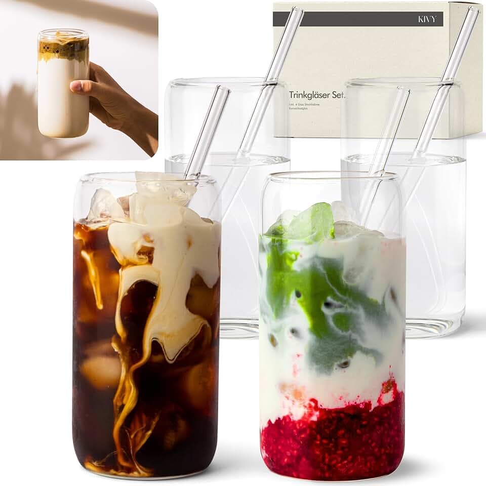 KIVY Trinkgläser 4er Set mit Glas Strohhalm - 4x 450ml - Eiskaffee & Matcha