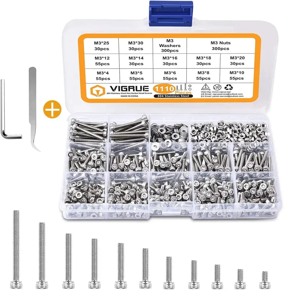 M3 Schrauben Set, VIGRUE 1110Pcs M3 Sechskantschrauben, 304 Edelstahl-Sechskopf-Knopf Schrauben Muttern und Unterlegscheiben Sortiment Kit mit Aufbewahrung flach Box