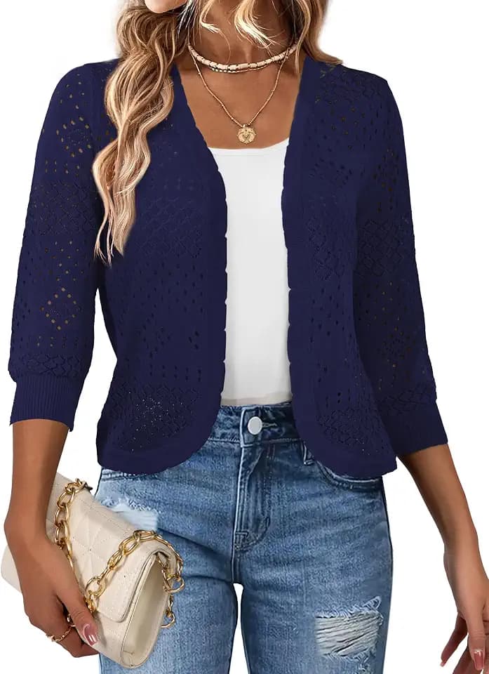 Women's Cropped Cardigan 3/4 Sleeve Hollowed Shrugs