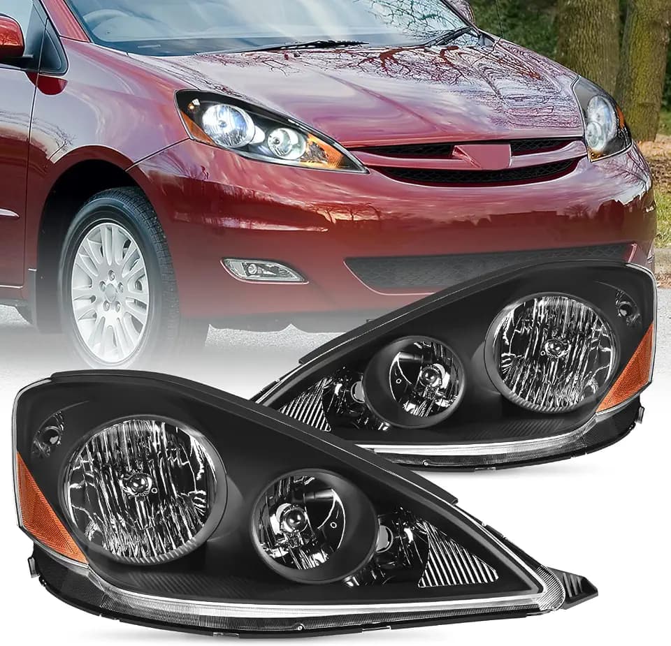 Nilight Headlight Assembly Compatible with 2006 2007 2008 2009 2010 Toyota Sienna Black Housing Amber Reflector Clear Lens Replacement Driver and Passenger Side