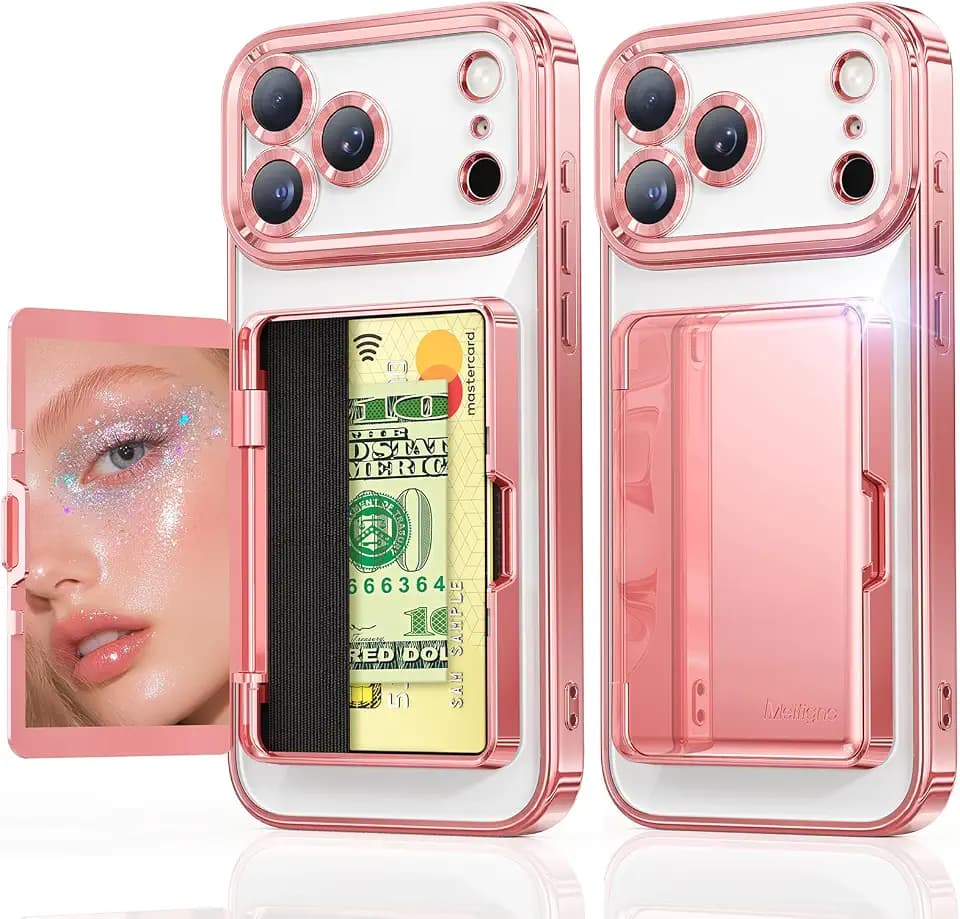 Meifigno for iPhone 17 Pro Wallet Case with Mirror (6.3''), Rose Gold