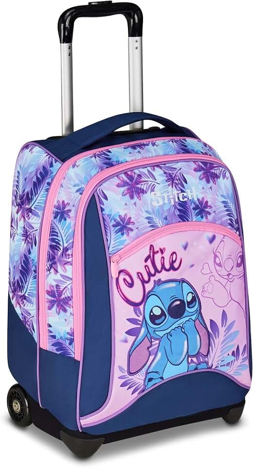 Seven Lilo & Stitch Schulranzen mit Rollen, 2 in 1 Schulrucksack mit Trolley, Rucksack mit Trolleyfunktion für Kinder, 1.-4. Klasse, 6-10 Jahre, Geschenk Jungen, Mädchen, lila