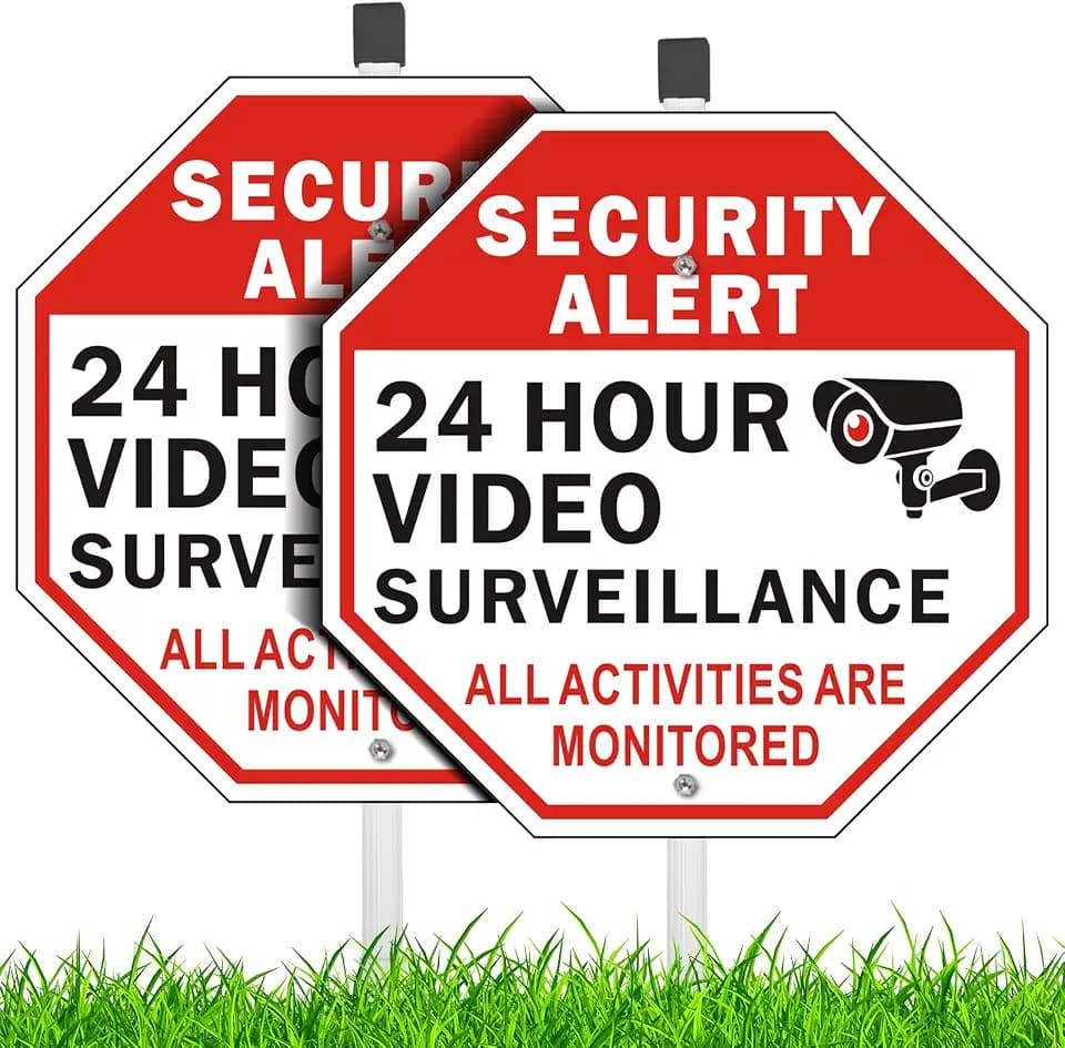 2 Pack 24 Hour Video Surveillance Sign With Stake, 12"x12" Security Alert All Activities are Monitored Warning Sign, Rust Free Reflective Aluminum, Private Property No Trespassing, Easy to Install