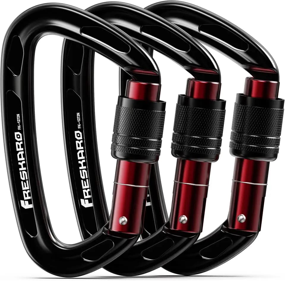 FresKaro 25kN Karabiner Schwarz, Schraubverschluss, CE-zertifizierter Kletterkarabiner zum Abseilen, Hundeleinen, Groß, Extra Stark 2550kg, Leicht, Rostfrei, Dauerhaft 7075 Flugzeug-Aluminium-Material