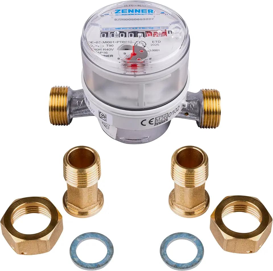 Zenner Wasserzähler Kalt- und Warmwasser, 1/2 Zoll, 110 mm Baulänge, mit Verschraubung, Eichung 2026 mit Kennzeichnung " CE M26 0102" Seitlich am Zähler.