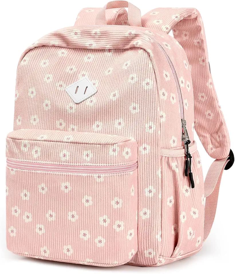 STEAMEDBUN Corduroy Kids Backpack for Girls Boys 3-8, Girls Backpack for Elementary Kindergarten - Pink Sakura