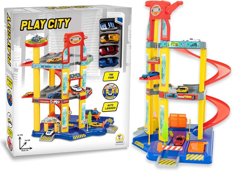 Teorema Giocattoli, Garage Autos für Kinder, großer Parkplatz 3-stöckige Autos mit Aufzug, Spiralrampe, Autowaschanlage und 4 Fahrzeuge inklusive, Auto für Kinder 3+ Jahre
